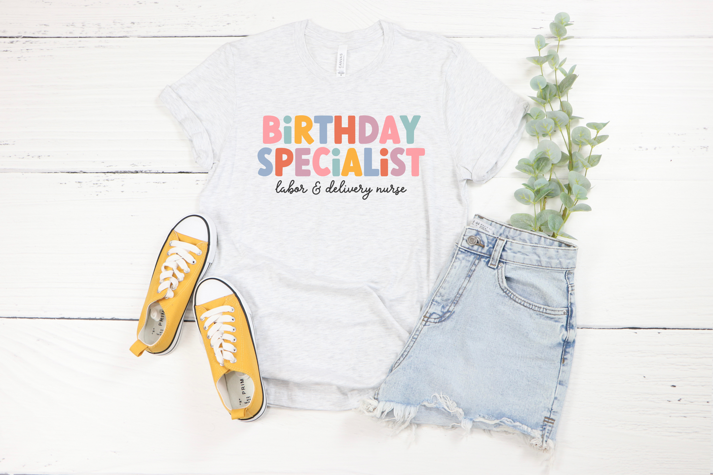 ash grey "birthday specialist" labor and delivery nurse t-shirt