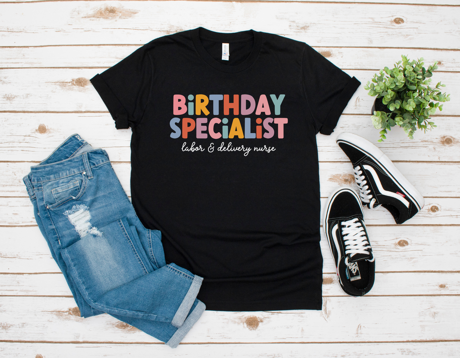 black "birthday specialist" labor and delivery nurse t-shirt