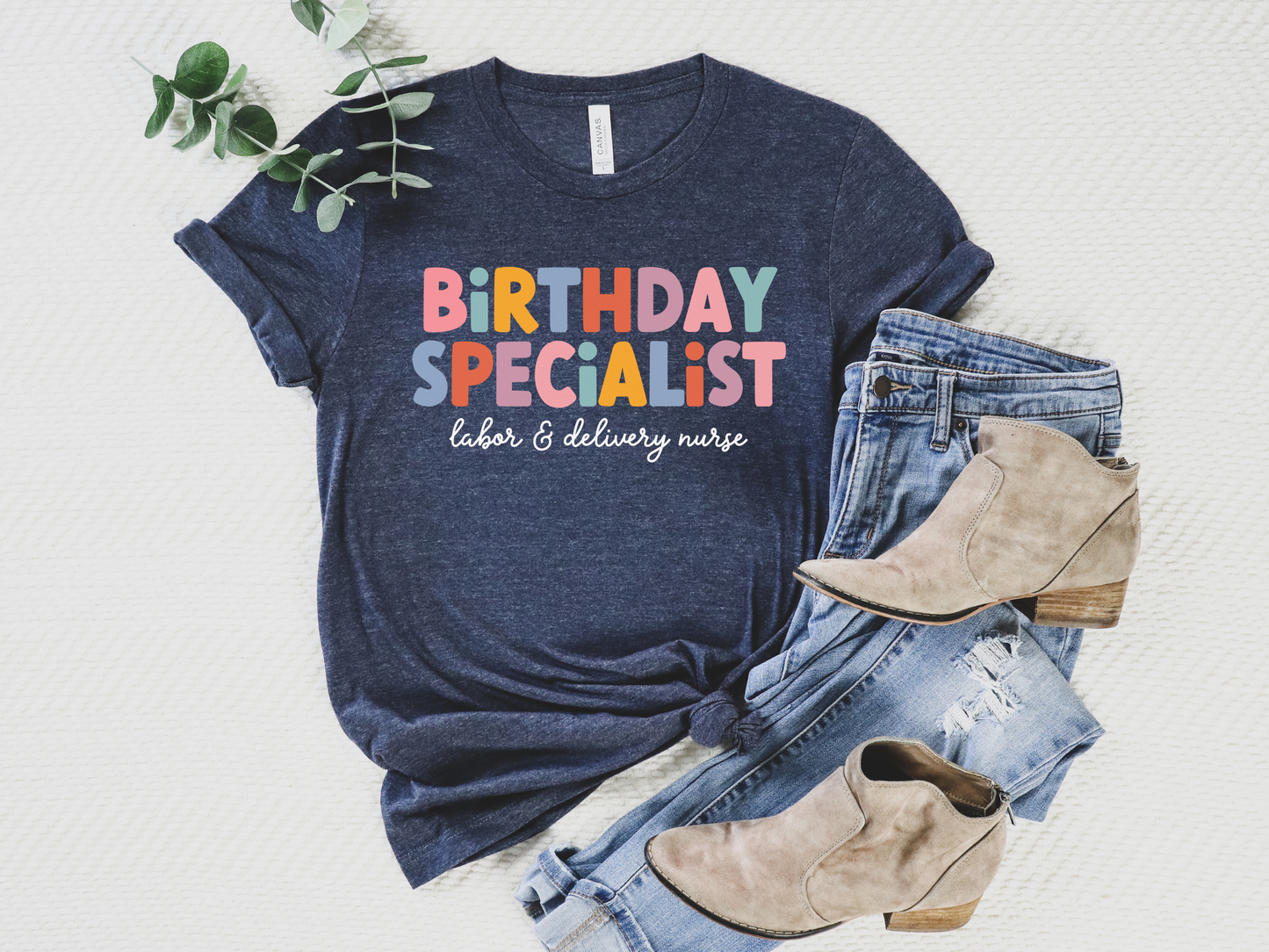 heather navy "birthday specialist" labor and delivery nurse t-shirt
