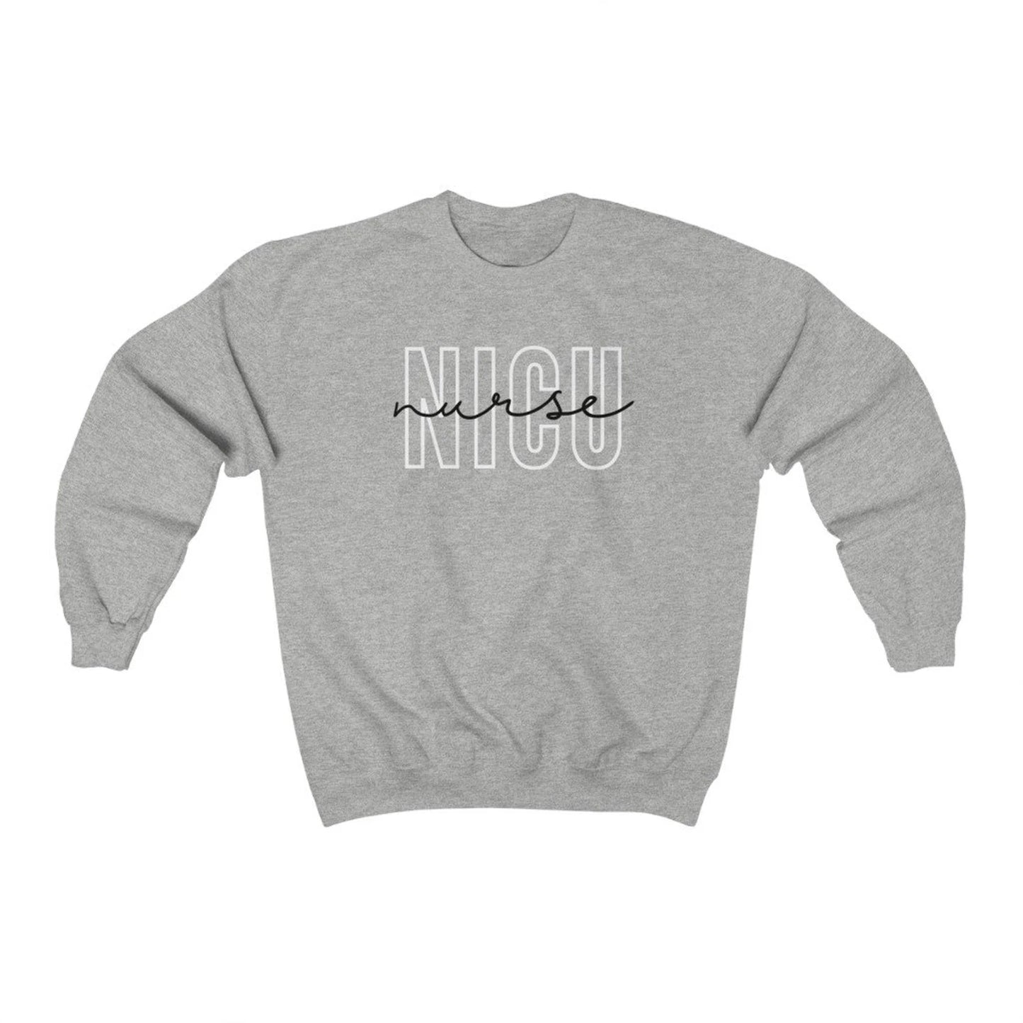 ash grey NICU nurse sweatshirt with block and cursive text