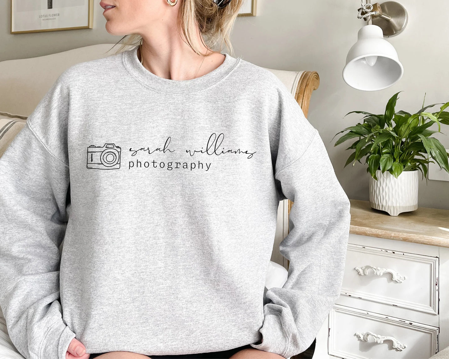 custom photographer sweatshirt with camera icon in grey