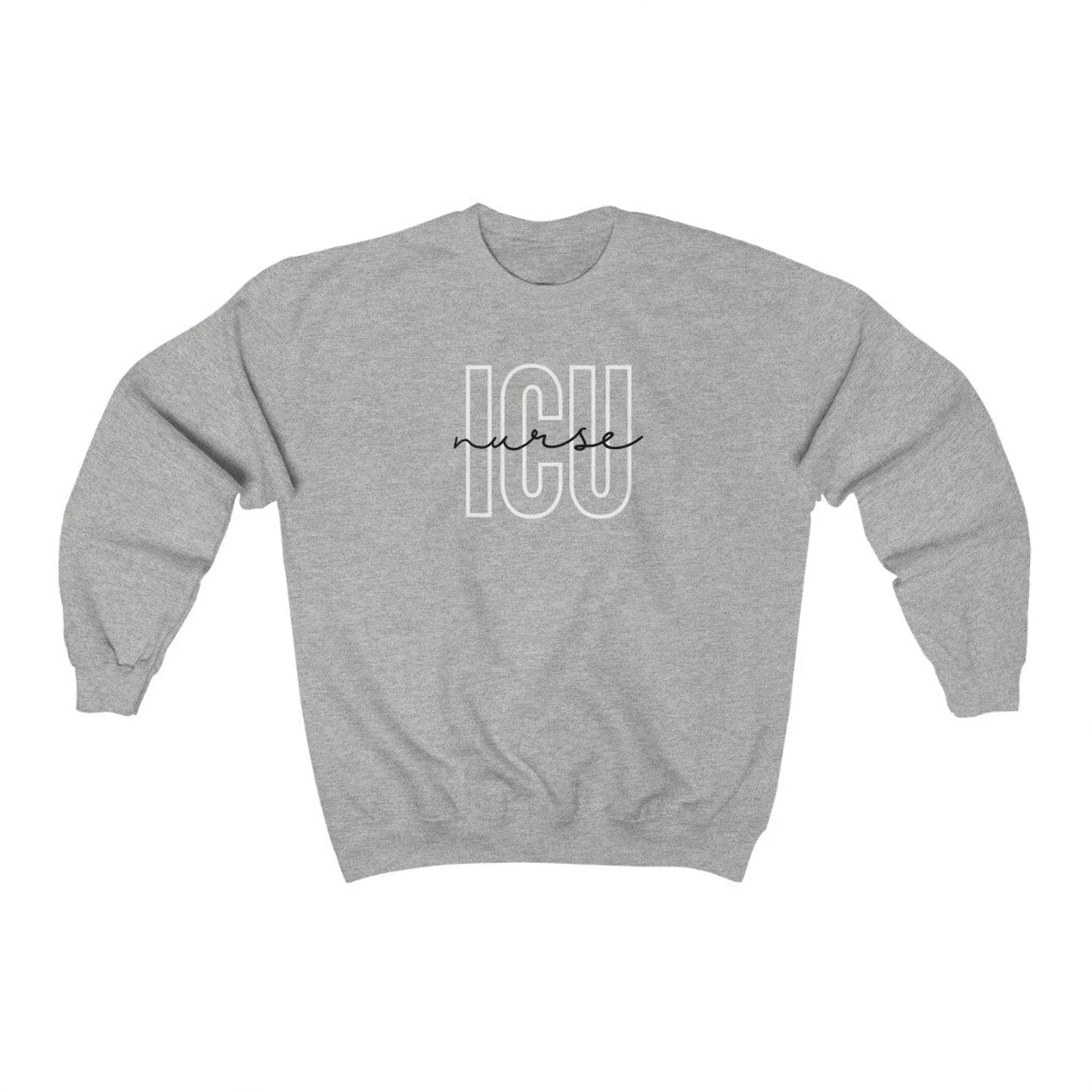 ash grey ICU nurse sweatshirt with block and cursive text