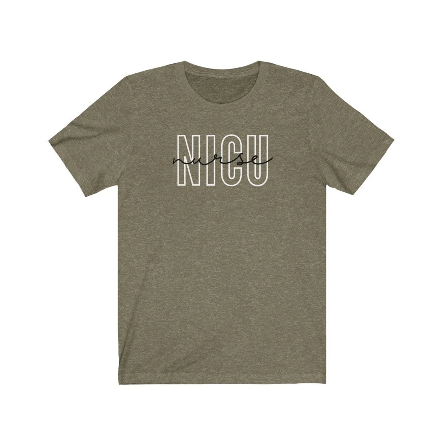 olive colored NICU nurse t-shirt with block and cursive text