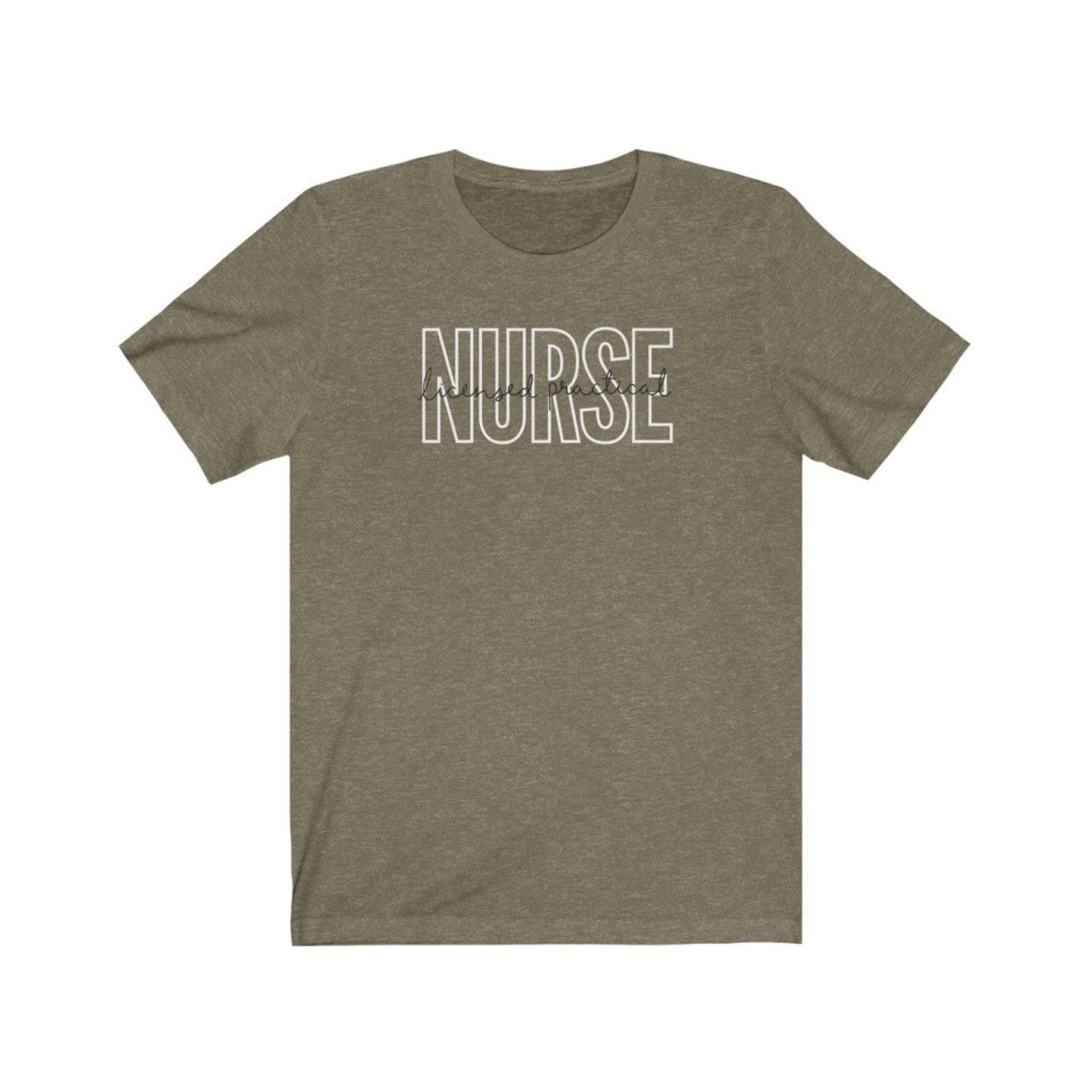 olive colored licensed practical nurse t-shirt with block and cursive text