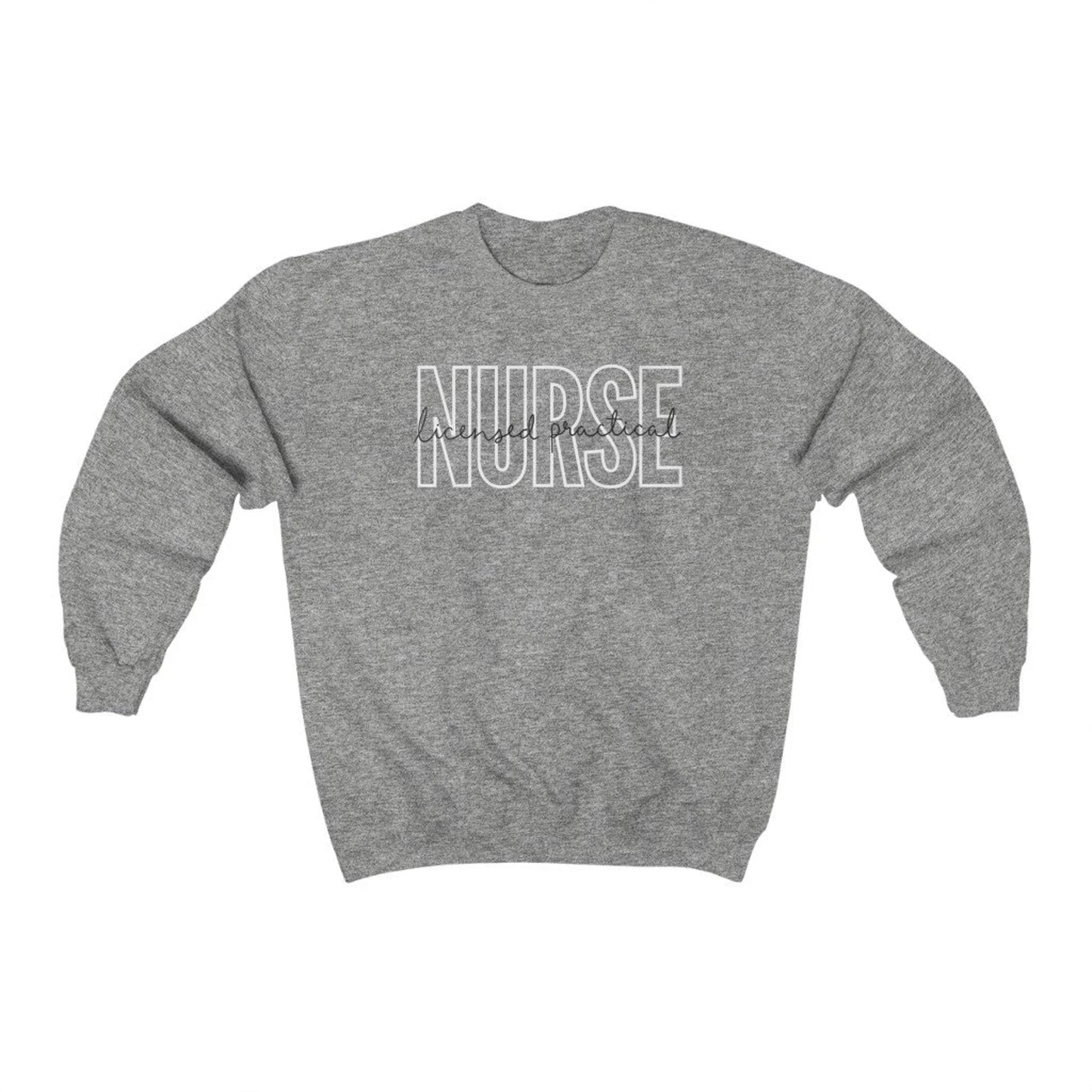 grey licensed practical nurse sweatshirt with block and cursive text