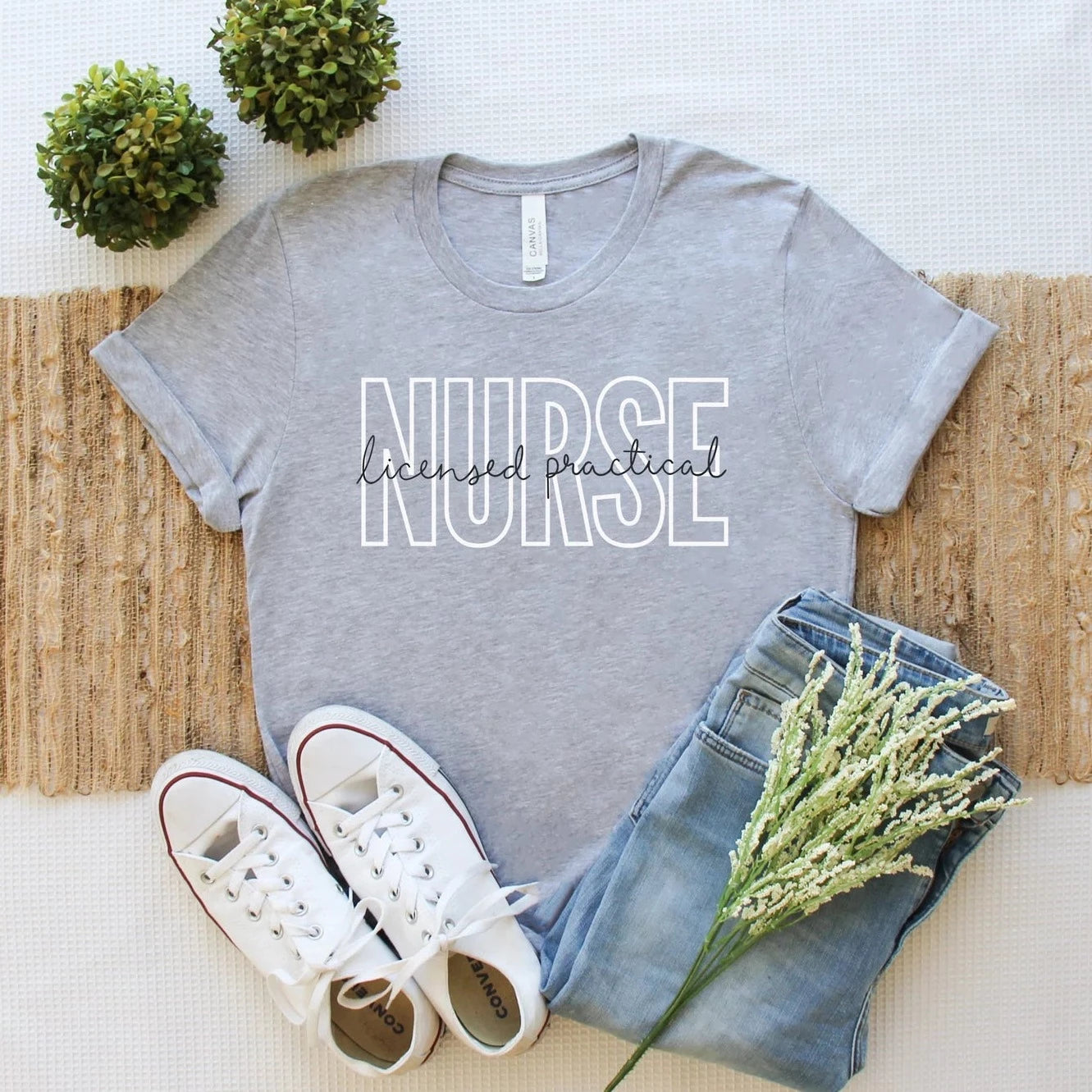 ash grey licensed practical nurse t-shirt with block and cursive text