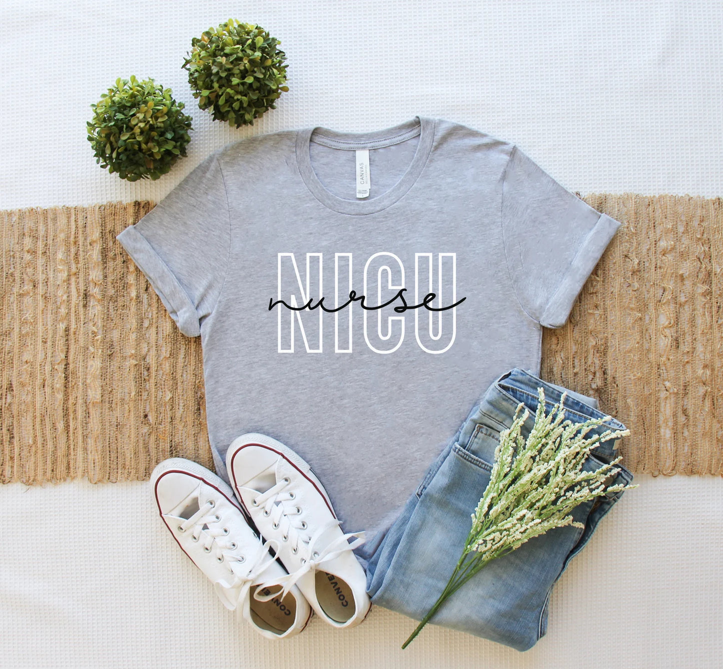 ash grey NICU nurse t-shirt with block and cursive text