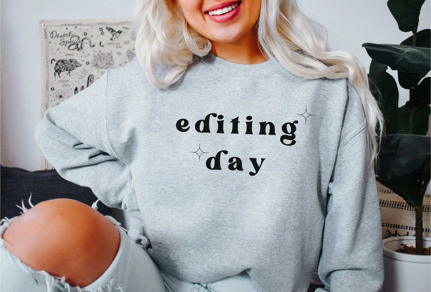 grey "editing day" sweatshirt with retro text