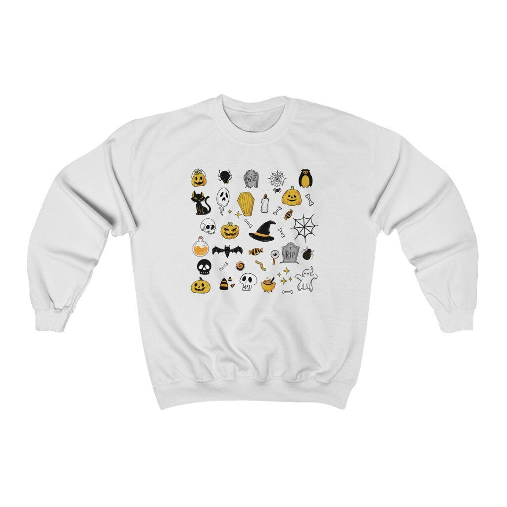 Halloween Doodles Sweatshirt, Halloween Icons Sweater, Witch Pumpkin Ghost Long Sleeve, Boho Fall Pullover, Spooky Shirt, Skeleton Crewneck