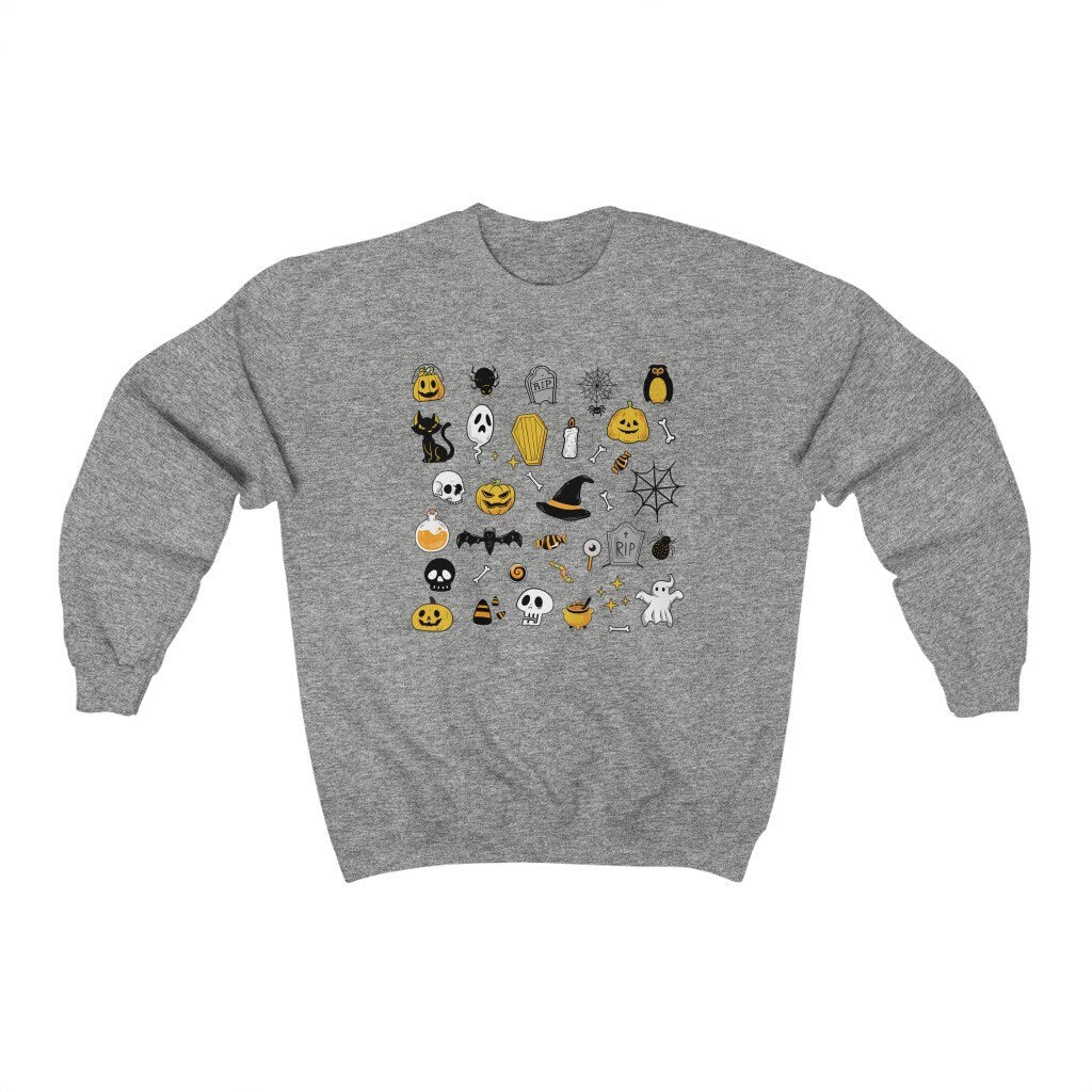 Halloween Doodles Sweatshirt, Halloween Icons Sweater, Witch Pumpkin Ghost Long Sleeve, Boho Fall Pullover, Spooky Shirt, Skeleton Crewneck