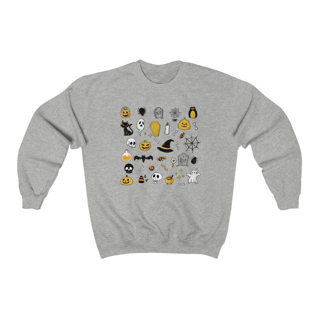 Halloween Doodles Sweatshirt, Halloween Icons Sweater, Witch Pumpkin Ghost Long Sleeve, Boho Fall Pullover, Spooky Shirt, Skeleton Crewneck