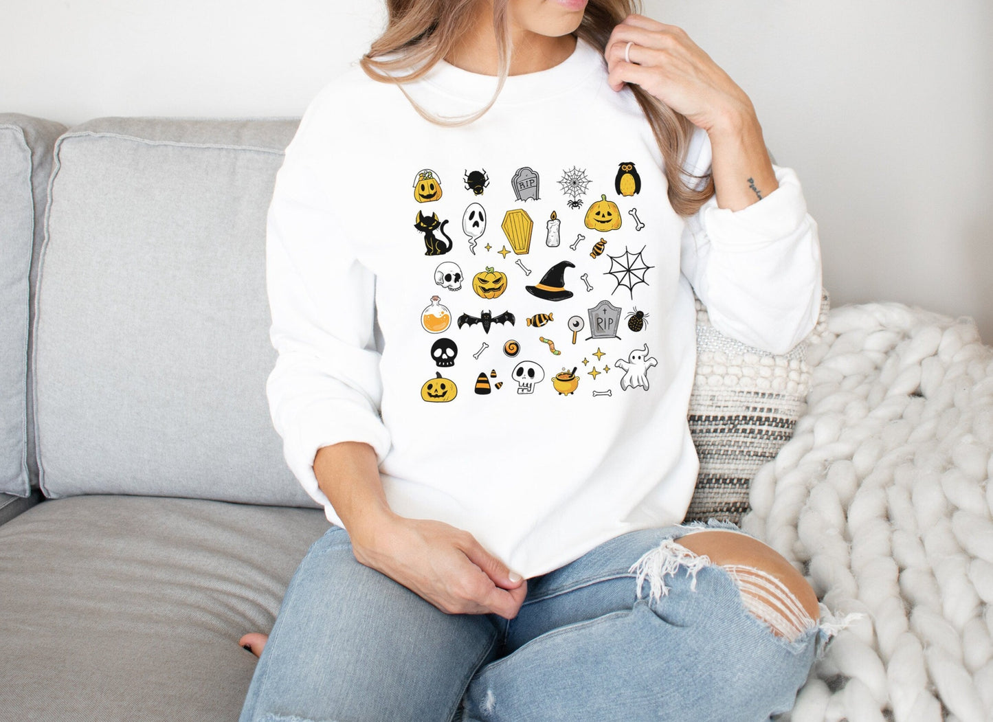 Halloween Doodles Sweatshirt, Halloween Icons Sweater, Witch Pumpkin Ghost Long Sleeve, Boho Fall Pullover, Spooky Shirt, Skeleton Crewneck