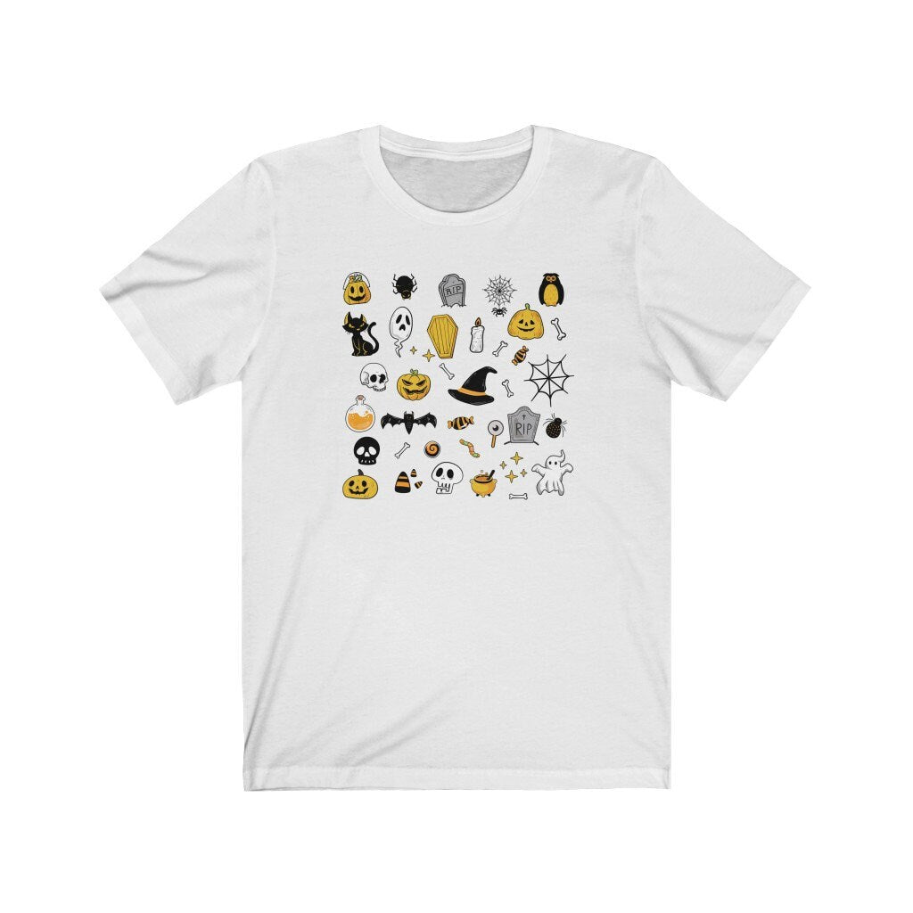 Halloween Doodles Shirt, Cute Fall Clothing, Graphic Halloween Shirt, Pumpkin Ghost Witch, Spooky Mom Tshirt, Trick or Treat