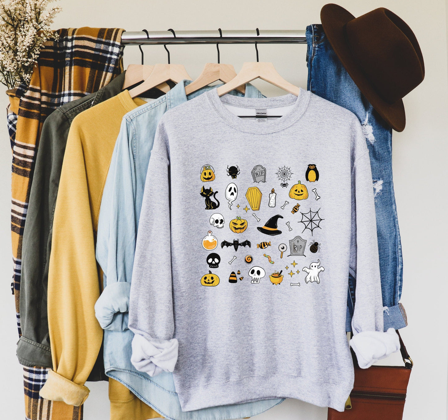 Halloween Doodles Sweatshirt, Halloween Icons Sweater, Witch Pumpkin Ghost Long Sleeve, Boho Fall Pullover, Spooky Shirt, Skeleton Crewneck