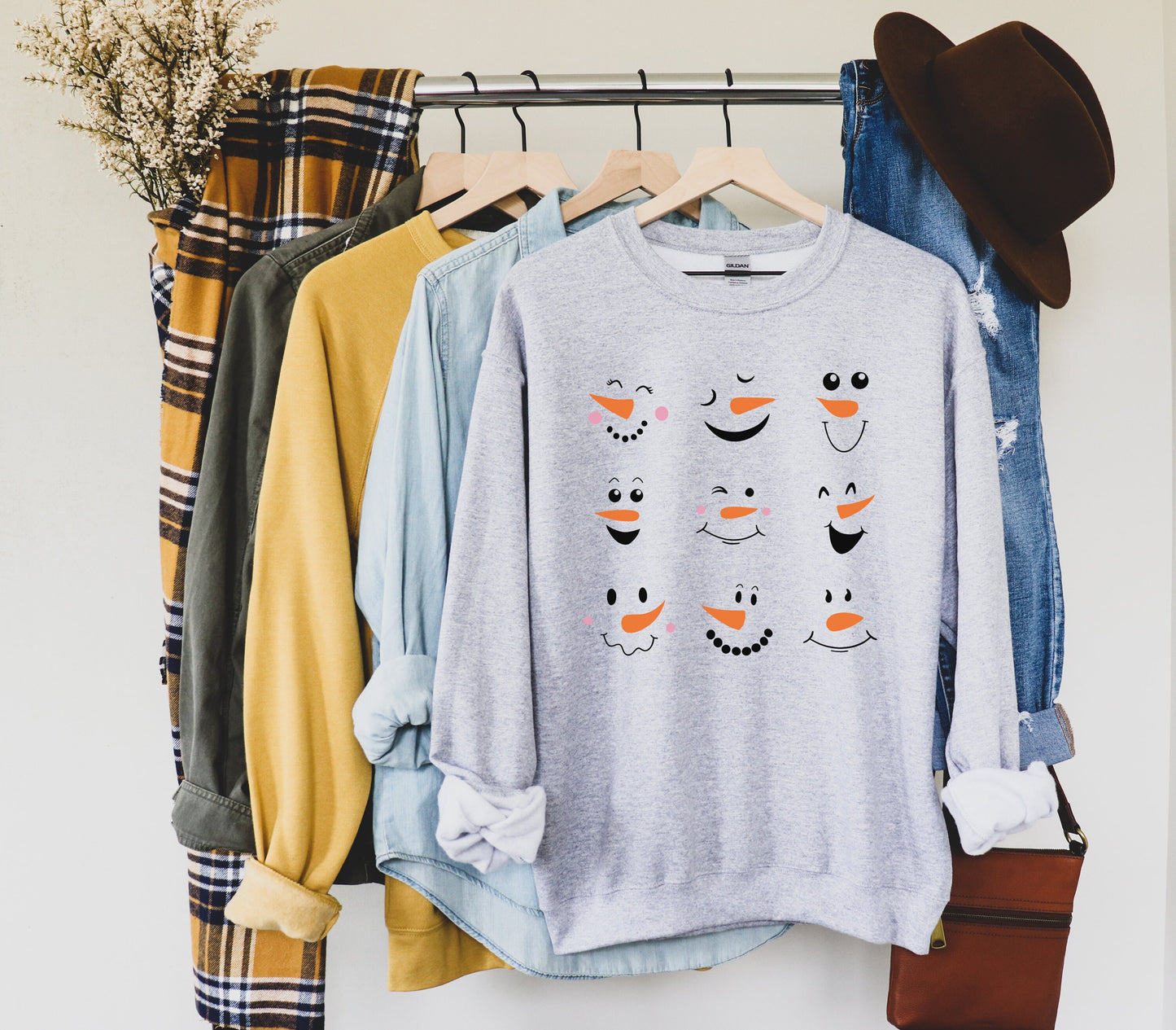 Snowman Sweatshirt, Ugly Christmas Sweater, Cute Xmas Crewneck, Christmas Party Shirts for Women, Snowman Face Shirt, Cozy Holiday Jumper