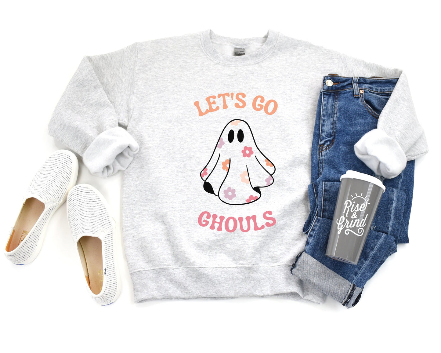 Let's Go Ghouls Sweatshirt, Floral Ghost Crewneck Sweater, Halloween Vintage Shirt, Halloween Party, Retro Flower Pullover, Spooky Vibes