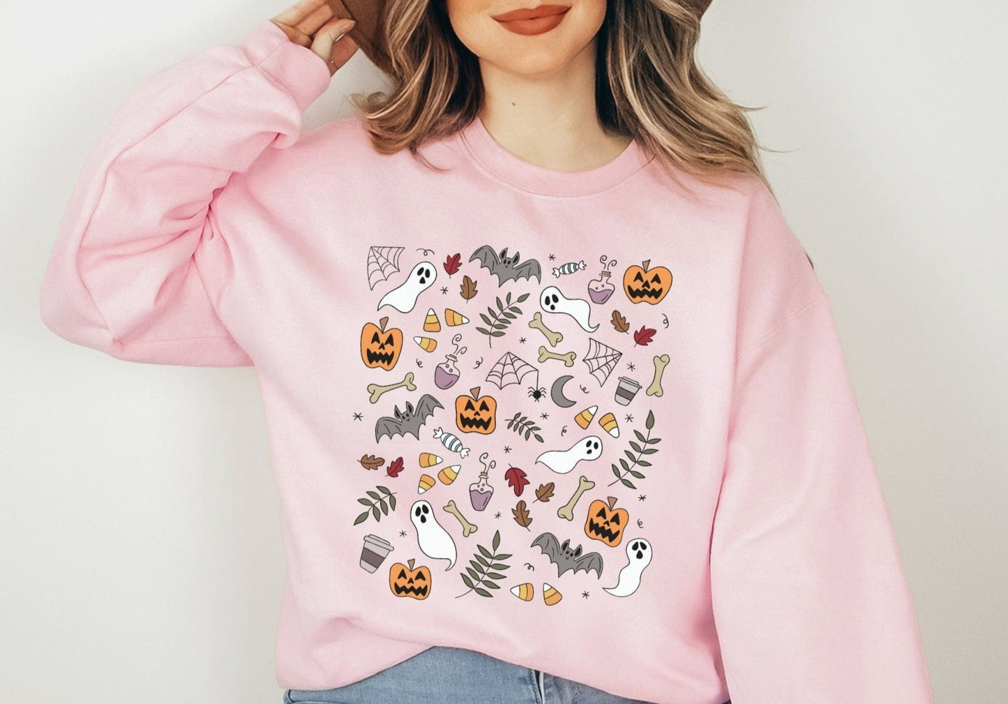Halloween Sweatshirt, Pumpkin Ghost Crewneck Sweater, Spooky Season, Cute Fall Clothing, Halloween Teacher Shirt, Fall Coffee Pullover