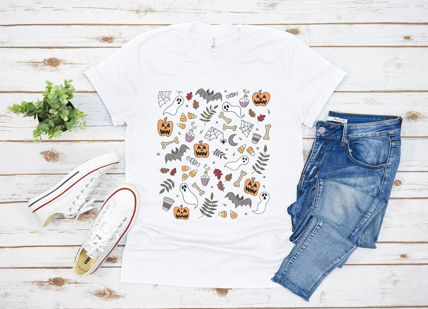 Halloween Doodles Shirt, Vintage Halloween Tee, Spooky Tshirt, Witchy Clothing, Cute Fall Gift, Pumpkin Ghost Coffee T-Shirt