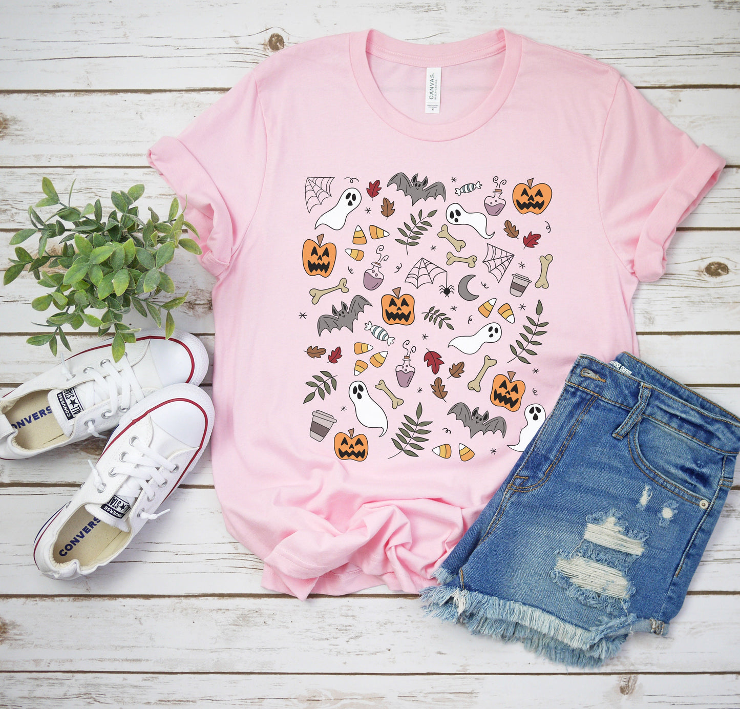 Halloween Doodles Shirt, Vintage Halloween Tee, Spooky Tshirt, Witchy Clothing, Cute Fall Gift, Pumpkin Ghost Coffee T-Shirt