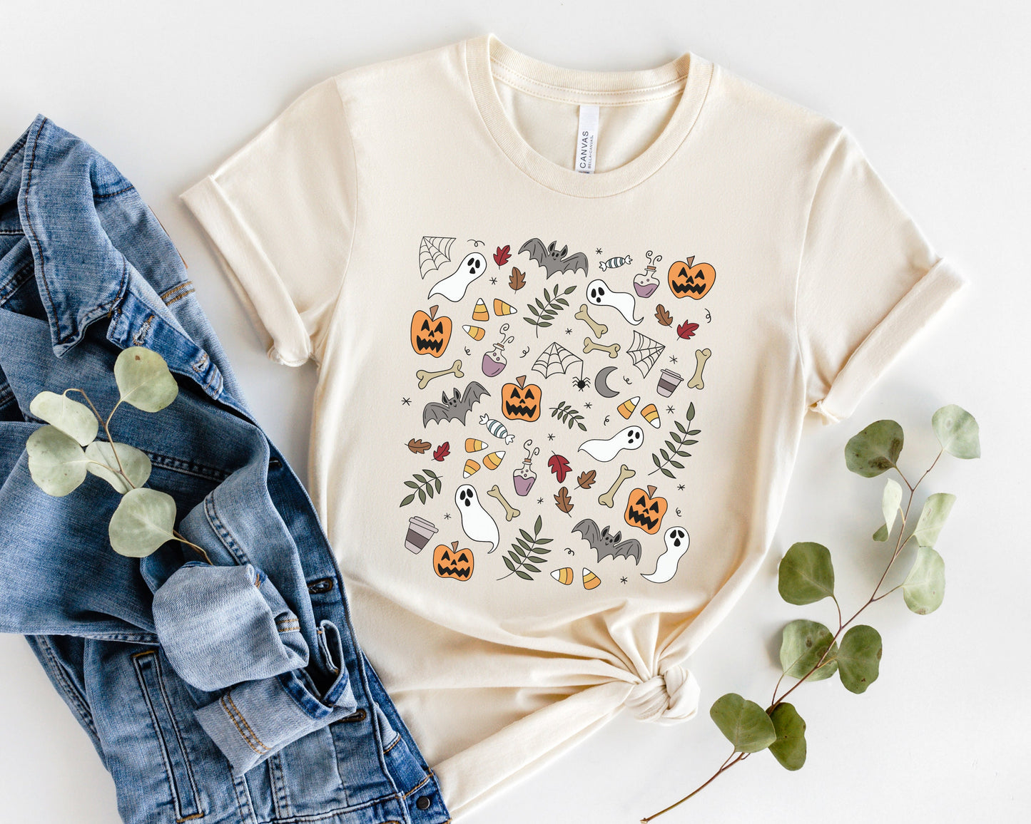 Halloween Doodles Shirt, Vintage Halloween Tee, Spooky Tshirt, Witchy Clothing, Cute Fall Gift, Pumpkin Ghost Coffee T-Shirt