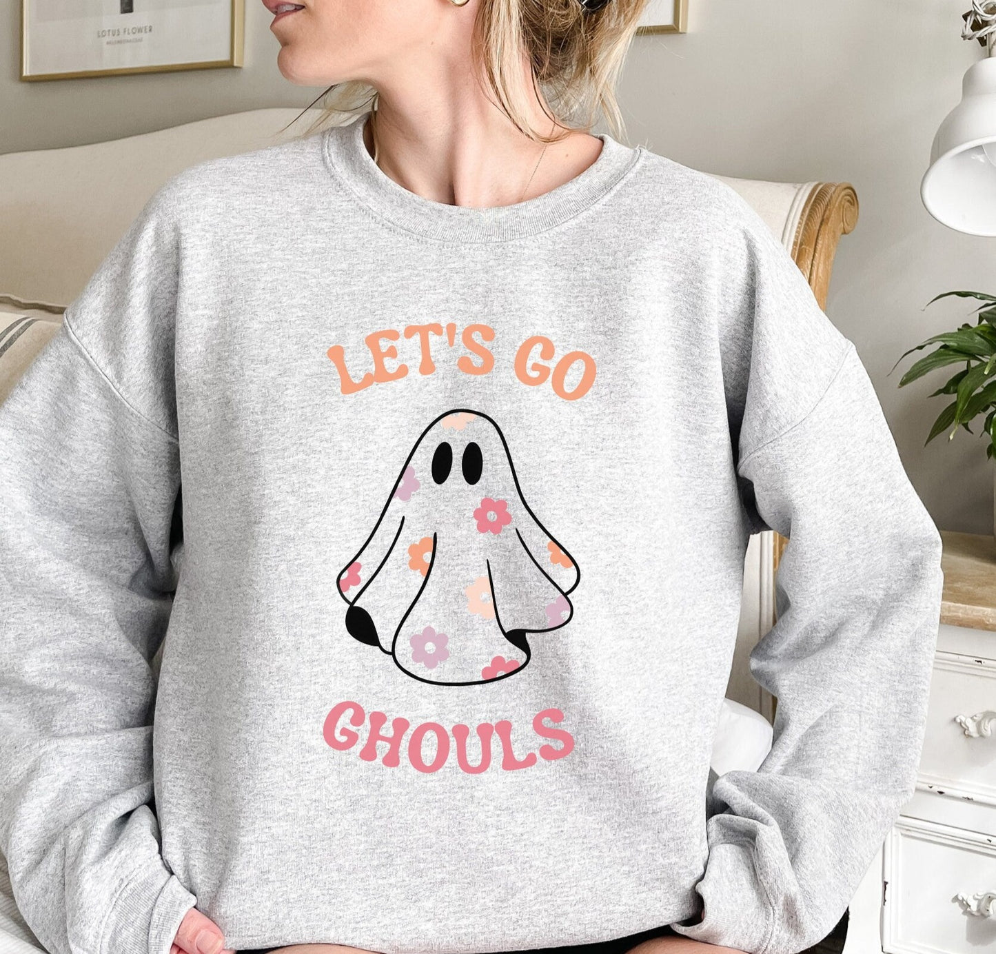 Let's Go Ghouls Sweatshirt, Floral Ghost Crewneck Sweater, Halloween Vintage Shirt, Halloween Party, Retro Flower Pullover, Spooky Vibes