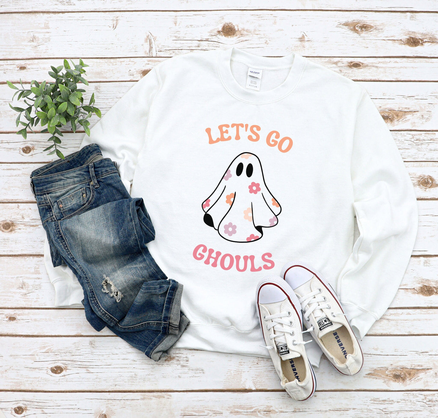 Let's Go Ghouls Sweatshirt, Floral Ghost Crewneck Sweater, Halloween Vintage Shirt, Halloween Party, Retro Flower Pullover, Spooky Vibes