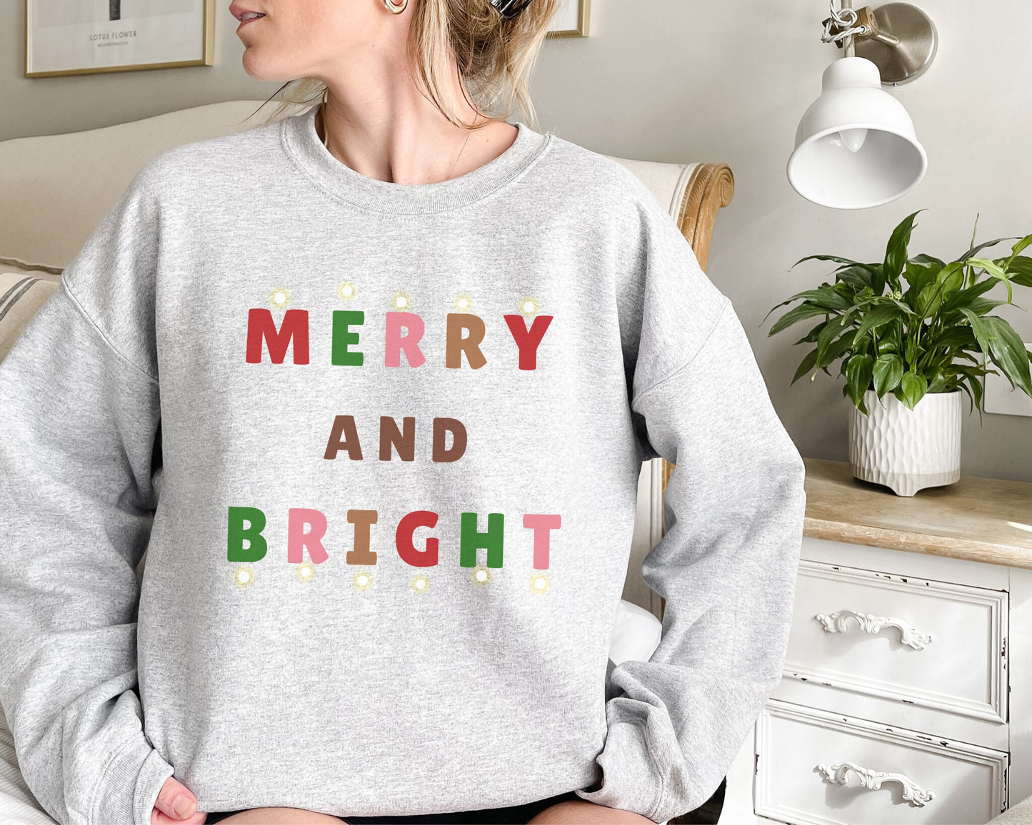 Merry And Bright Sweater, Christmas Sweatshirt, Women's Holiday Crewneck, Boho Christmas Shirt, Winter Clothing, Christmas Gift For Her