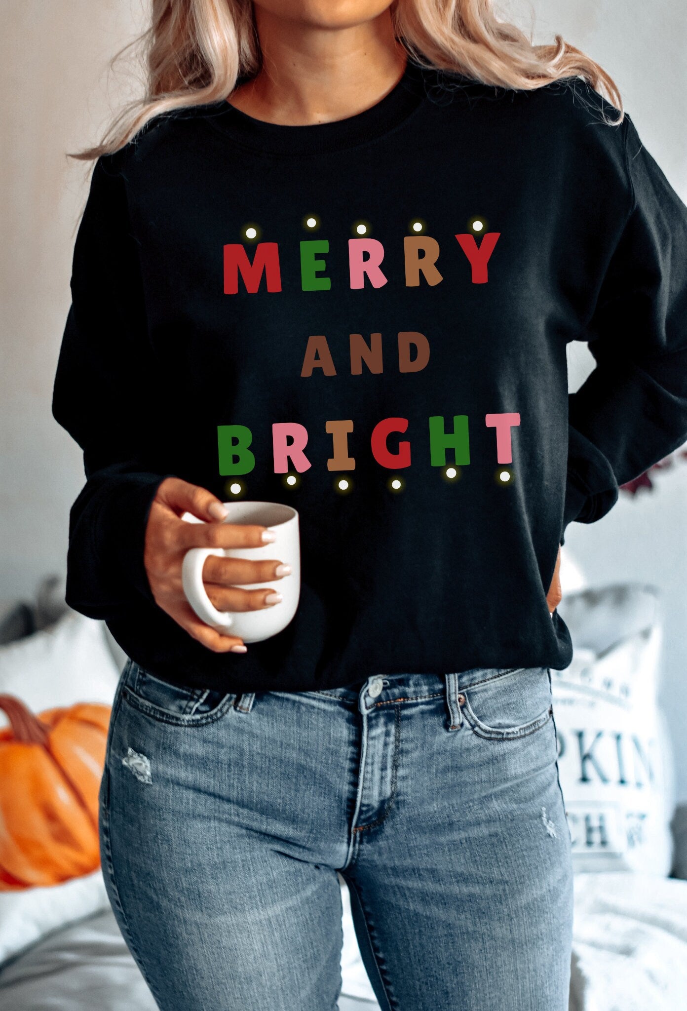 Merry And Bright Sweater, Christmas Sweatshirt, Women's Holiday Crewneck, Boho Christmas Shirt, Winter Clothing, Christmas Gift For Her