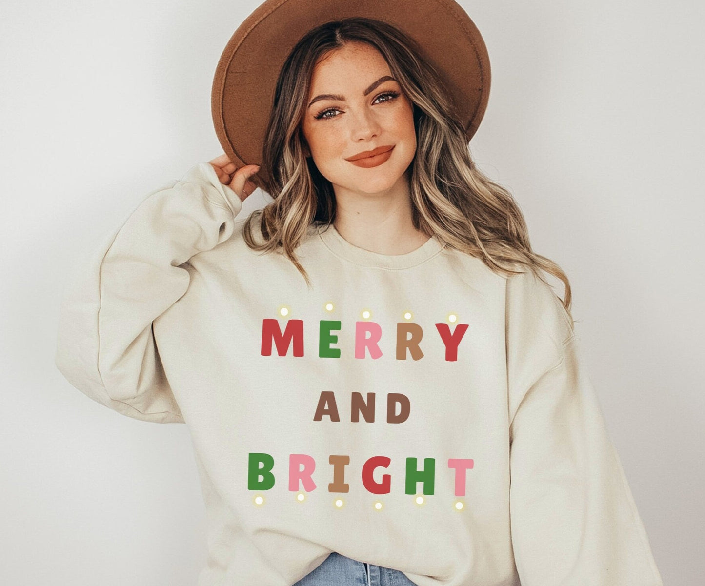 Merry And Bright Sweater, Christmas Sweatshirt, Women's Holiday Crewneck, Boho Christmas Shirt, Winter Clothing, Christmas Gift For Her