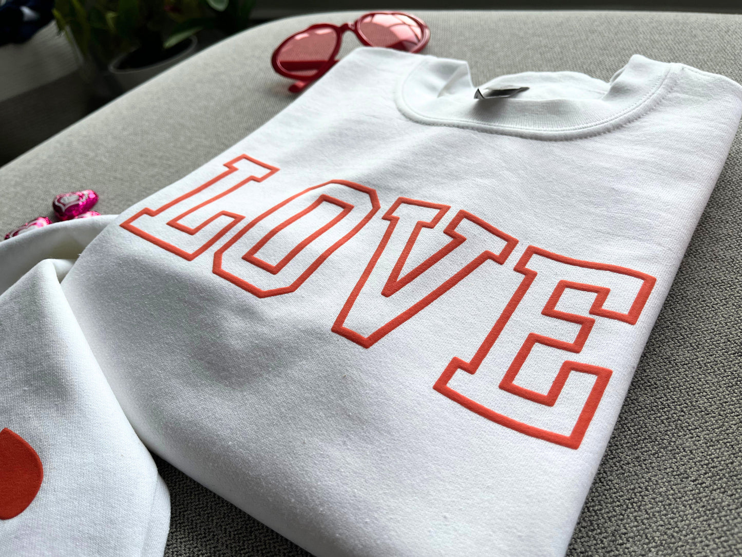 Valentine's Sweatshirt, Puff Print Valentine's Day Sweater, Heart on Sleeve, Cute Love Crewneck, Gift for Her, Love Shirt