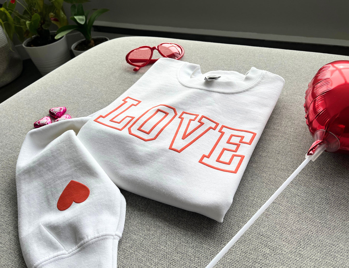 Valentine's Sweatshirt, Puff Print Valentine's Day Sweater, Heart on Sleeve, Cute Love Crewneck, Gift for Her, Love Shirt