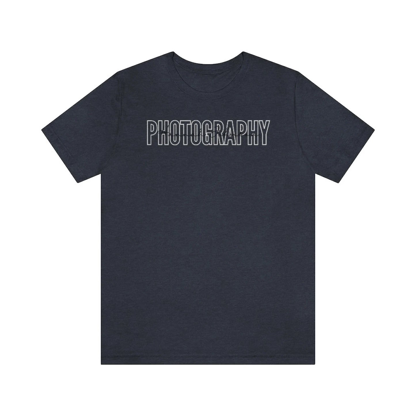 navy custom photographer t-shirt with block and cursive text