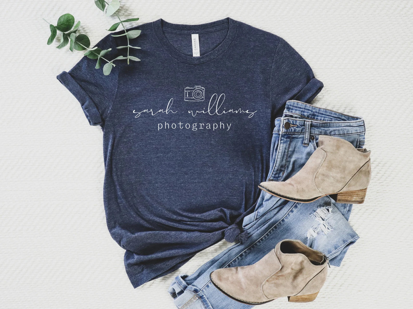 custom photographer t-shirt with camera icon in heather navy