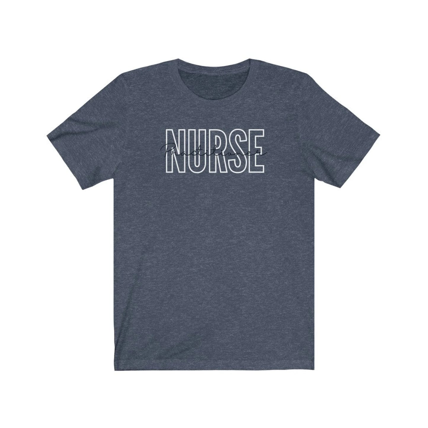 heather navy nurse practitioner t-shirt with block and cursive text