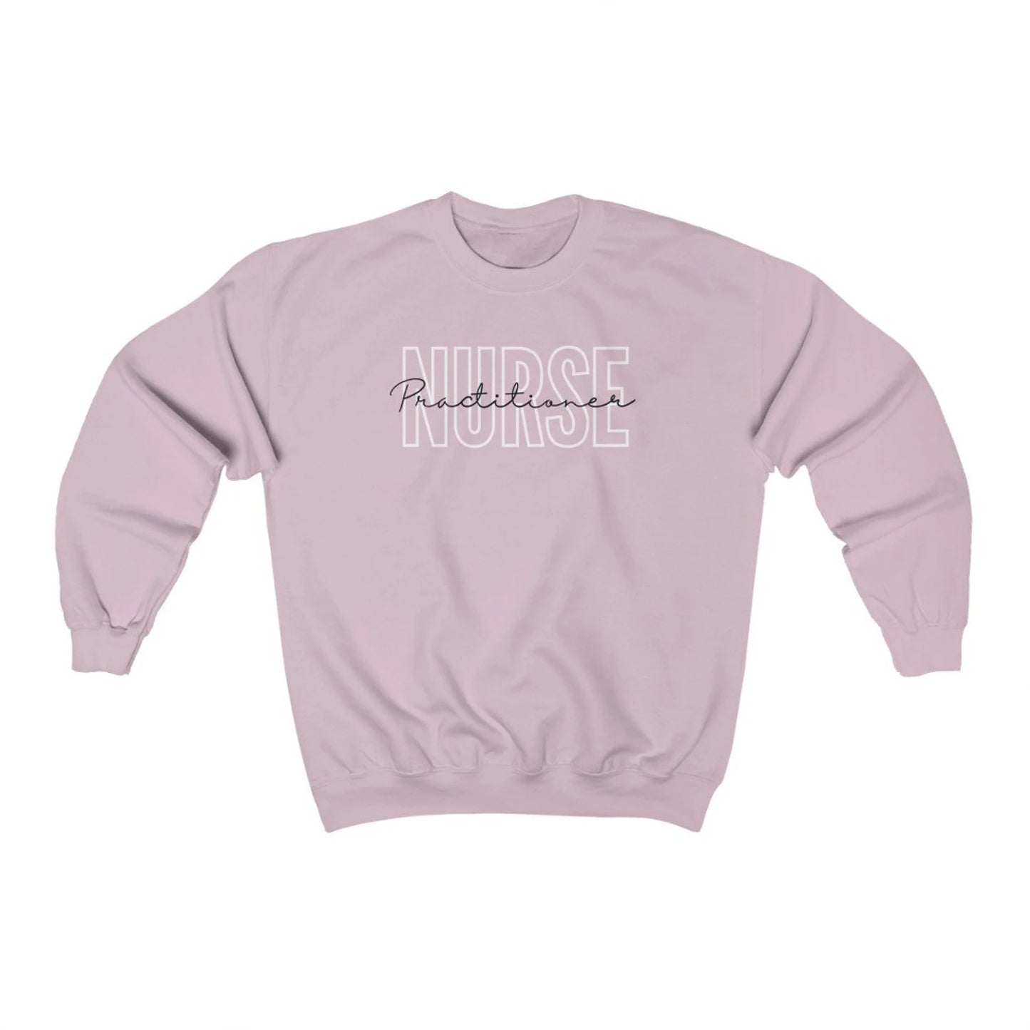 light pink nurse practitioner sweatshirt with block and cursive text