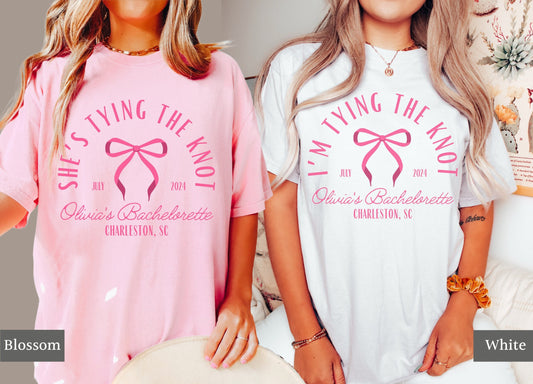 She's Tying the Knot Bachelorette Shirts, Coquette Bow Bachelorette, Custom Location Bach Tees, Personalized Bridal Party Favors