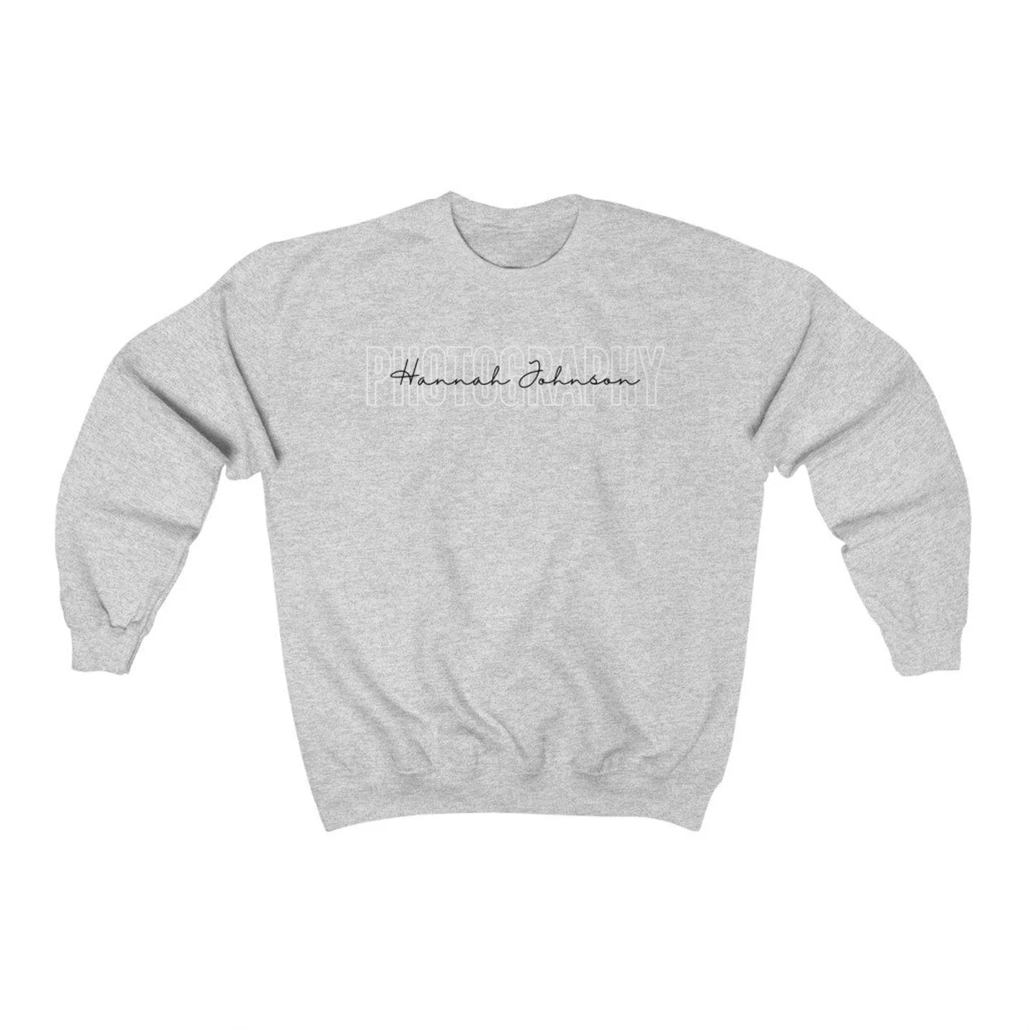 ash grey custom photographer sweatshirt with block and cursive text