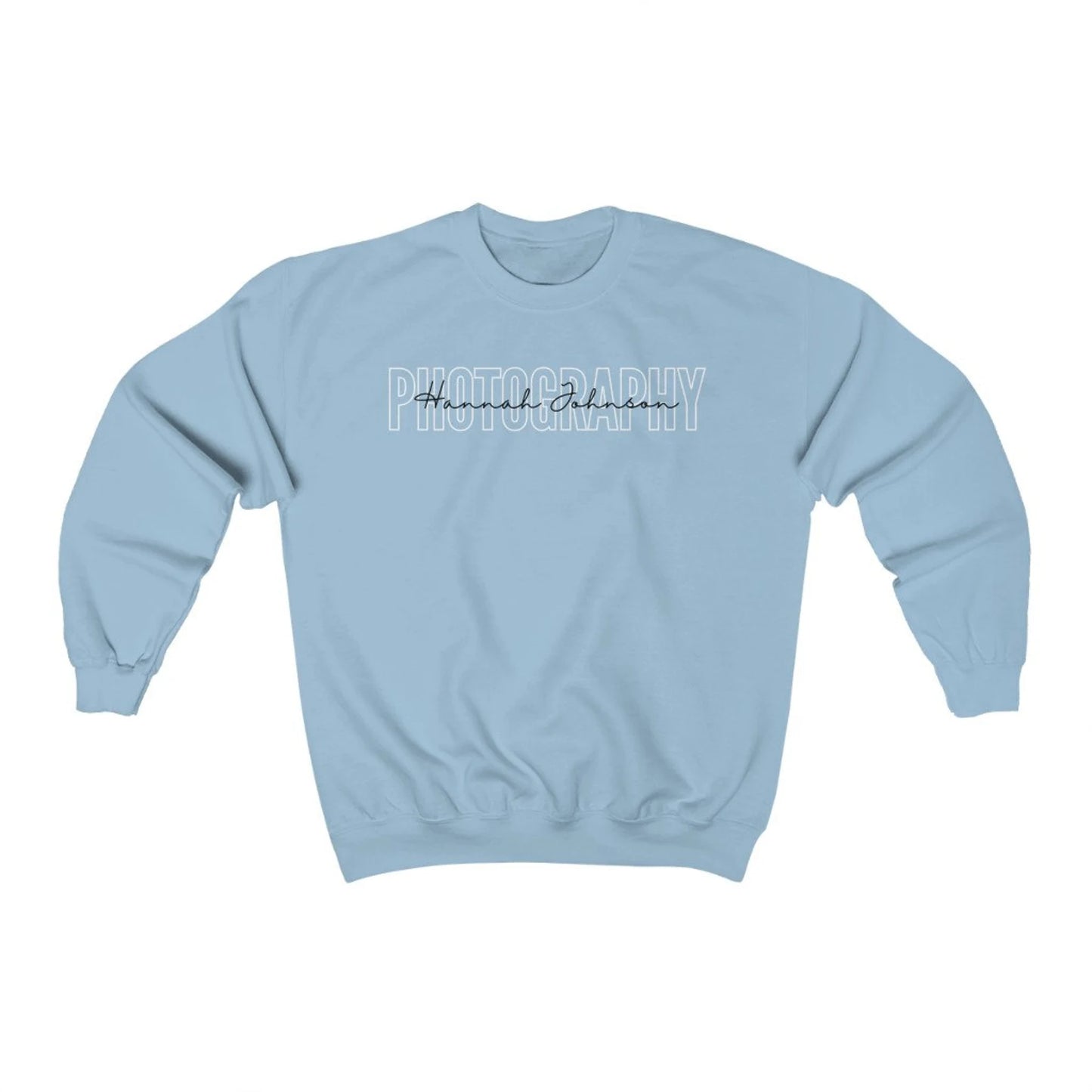 light blue custom photographer sweatshirt with block and cursive text