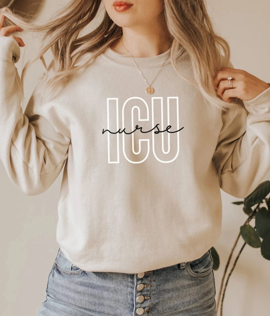 tan colored ICU nurse sweatshirt with block and cursive text