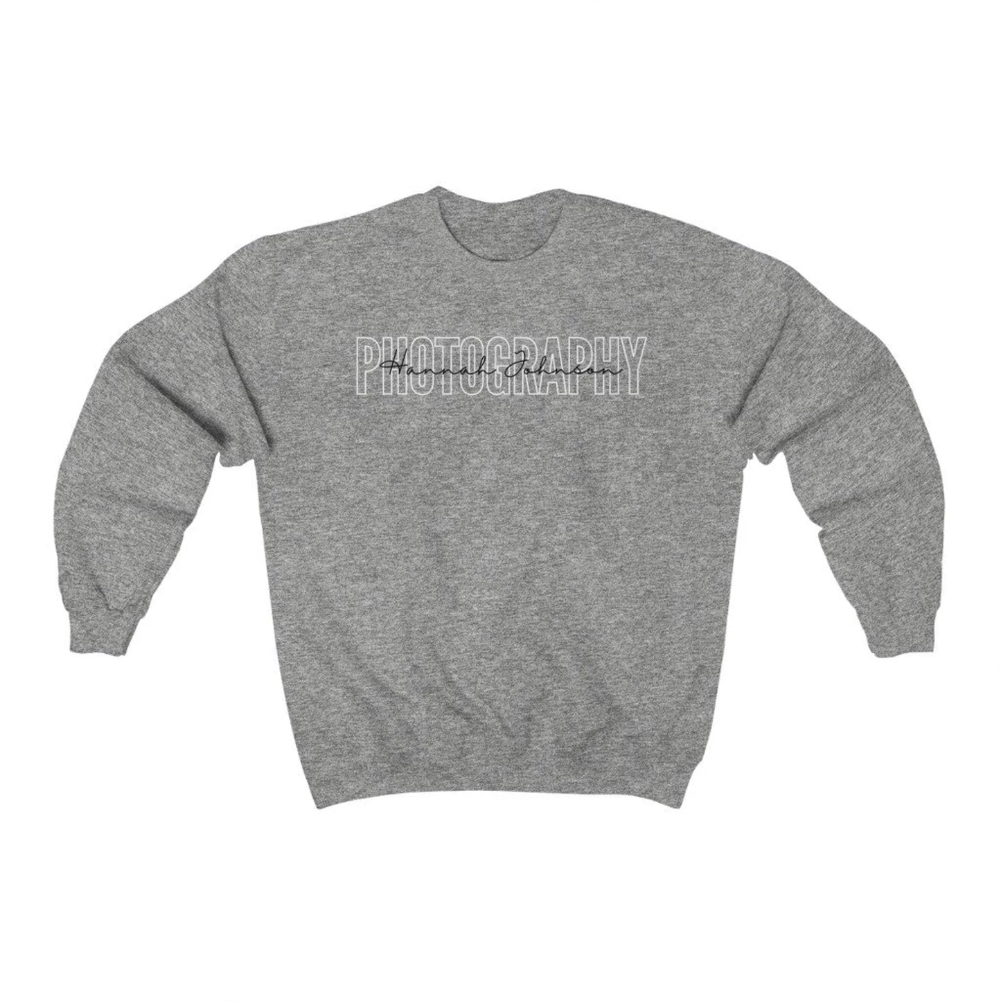 grey custom photographer sweatshirt with block and cursive text