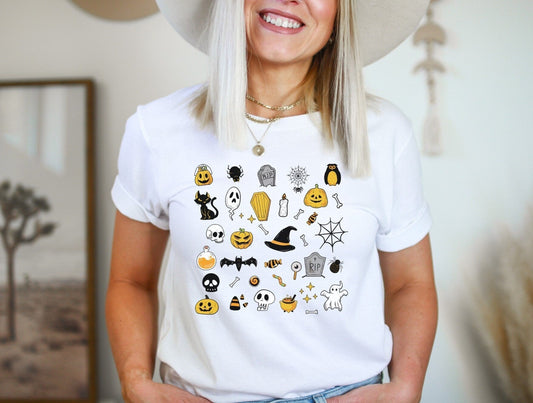 Halloween Doodles Shirt, Cute Fall Clothing, Graphic Halloween Shirt, Pumpkin Ghost Witch, Spooky Mom Tshirt, Trick or Treat