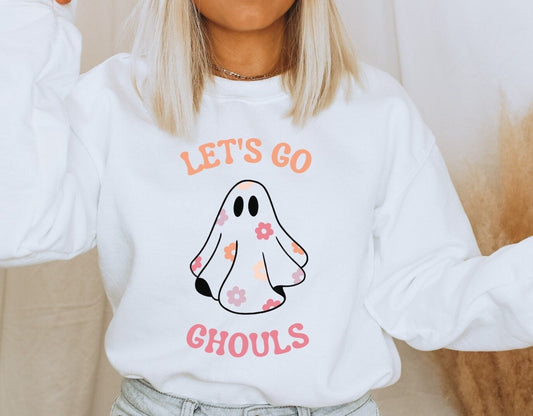 Let's Go Ghouls Sweatshirt, Floral Ghost Crewneck Sweater, Halloween Vintage Shirt, Halloween Party, Retro Flower Pullover, Spooky Vibes