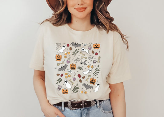 Halloween Doodles Shirt, Vintage Halloween Tee, Spooky Tshirt, Witchy Clothing, Cute Fall Gift, Pumpkin Ghost Coffee T-Shirt