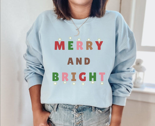 Merry And Bright Sweater, Christmas Sweatshirt, Women's Holiday Crewneck, Boho Christmas Shirt, Winter Clothing, Christmas Gift For Her