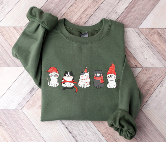 Cute Cat Christmas Sweatshirt, Christmas Gift for Cat Lover, Womens Holiday Jumper, Cat Mom Shirt, Winter Crewneck Sweater