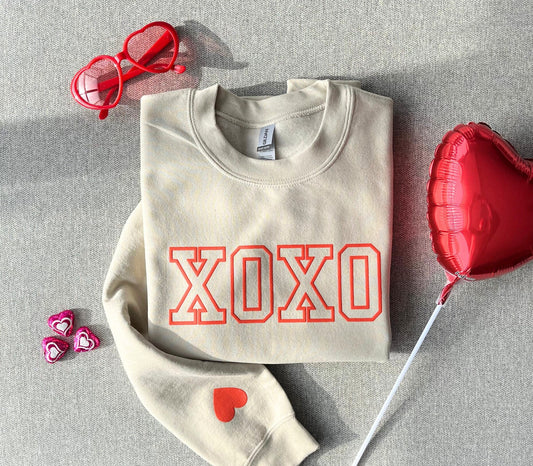 Valentine's Sweatshirt, Puff Print Valentine's Day Sweater, Heart on Sleeve, Cute XOXO Crewneck, Gift for Her, XOXO Shirt