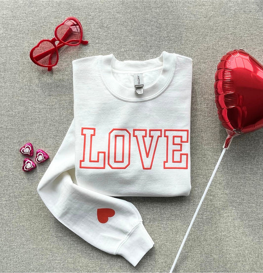 Valentine's Sweatshirt, Puff Print Valentine's Day Sweater, Heart on Sleeve, Cute Love Crewneck, Gift for Her, Love Shirt