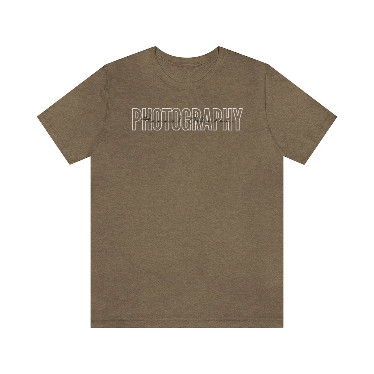 olive colored custom photographer t-shirt with block and cursive text