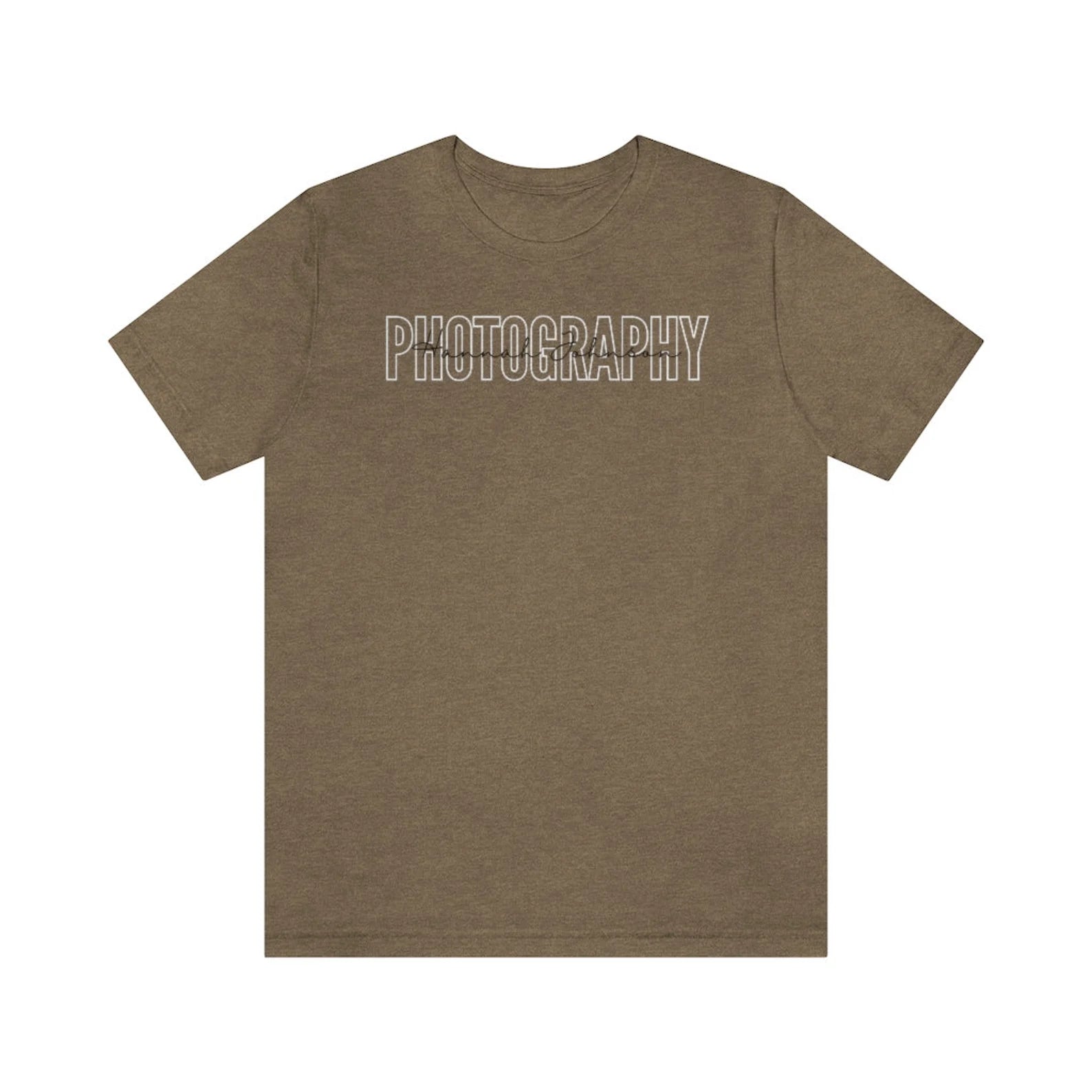 olive colored custom photographer t-shirt with block and cursive text