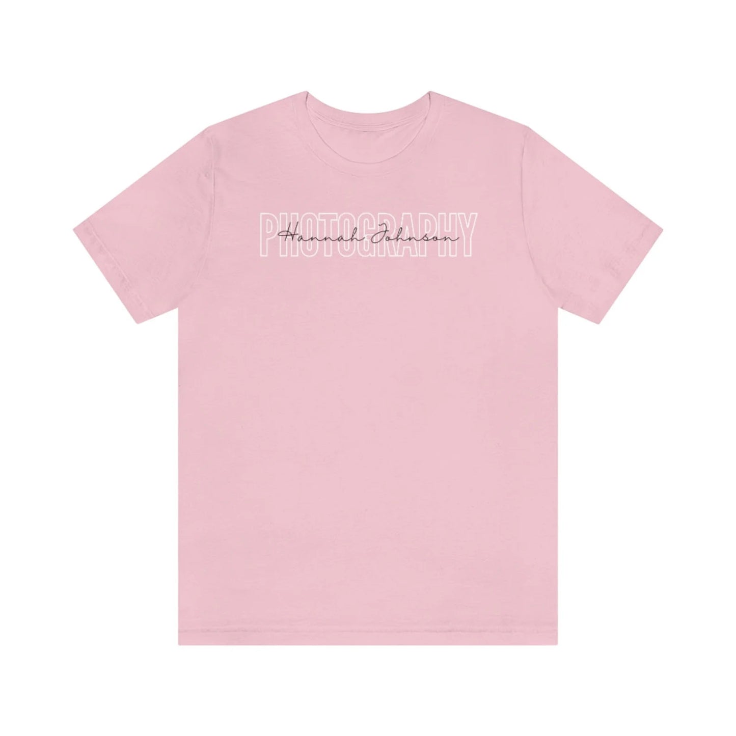 light pink custom photographer t-shirt with block and cursive text